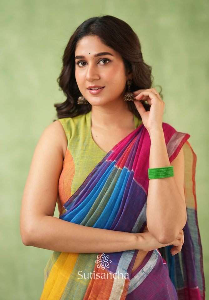 Dhiyona SS Color Block Linen Cotton Saree – Modern Classic