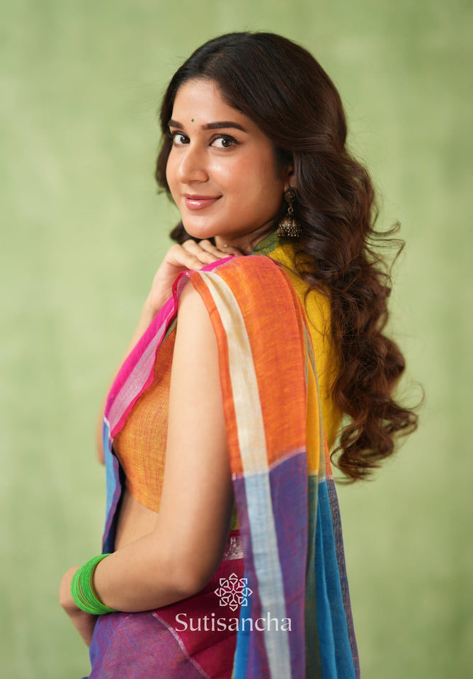 Dhiyona SS Color Block Linen Cotton Saree – Modern Classic