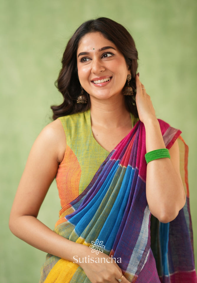 Dhiyona SS Color Block Linen Cotton Saree – Modern Classic
