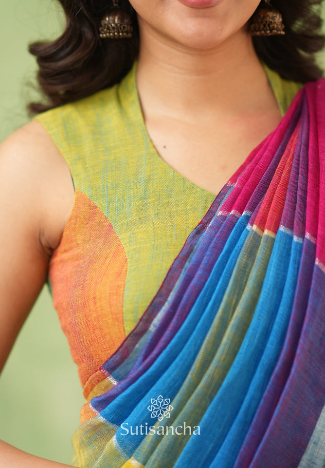 Dhiyona SS Color Block Linen Cotton Saree – Modern Classic
