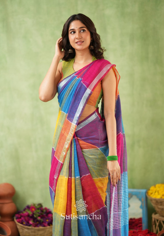 Dhiyona SS Color Block Linen Cotton Saree – Modern Classic