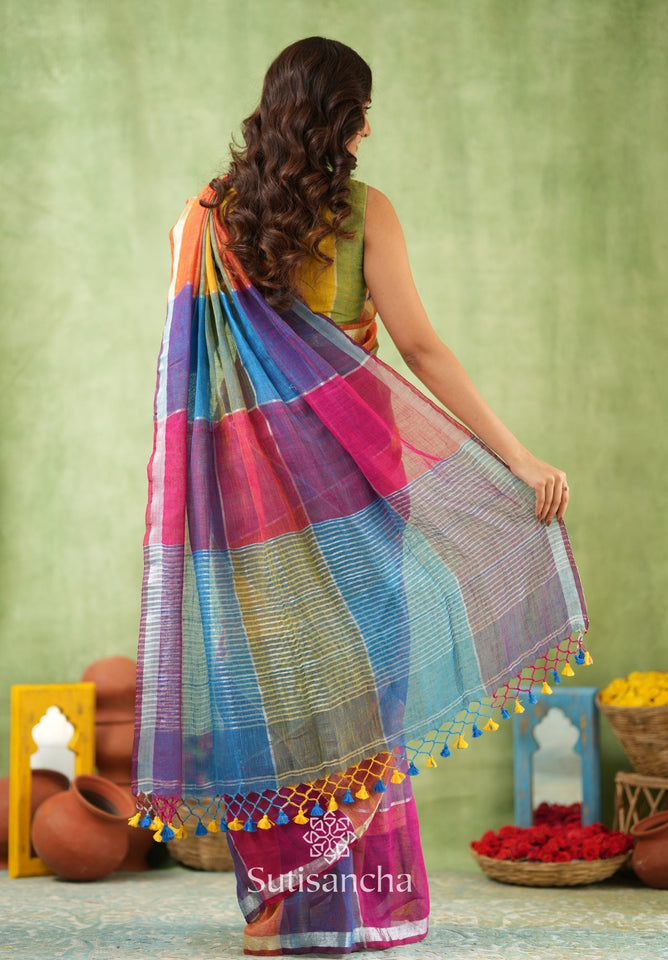 Dhiyona SS Color Block Linen Cotton Saree – Modern Classic