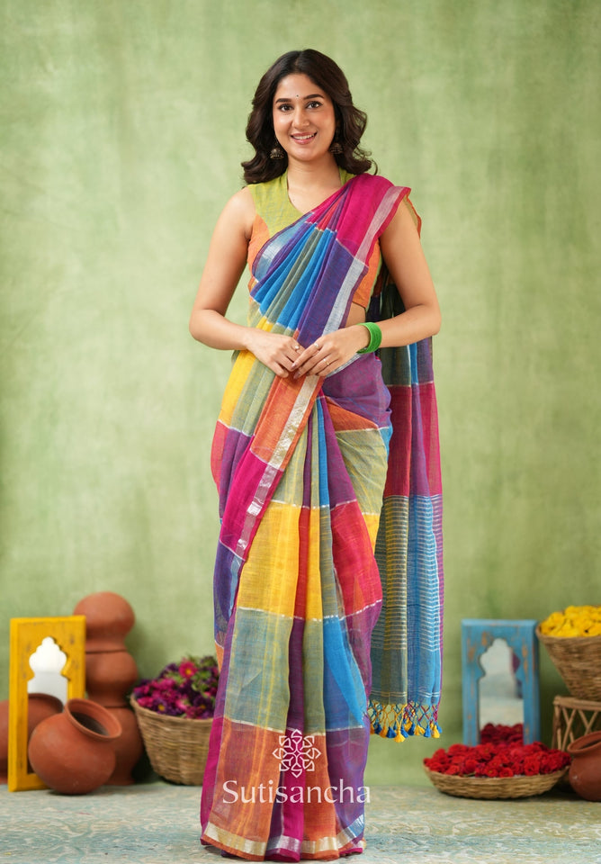 Dhiyona SS Color Block Linen Cotton Saree – Modern Classic