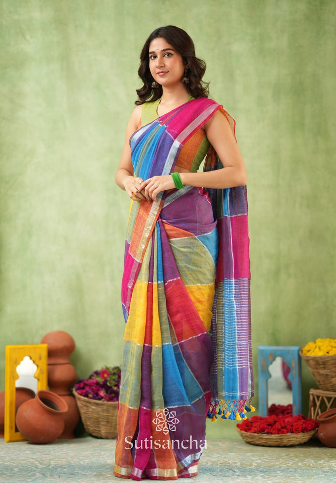 Dhiyona SS Color Block Linen Cotton Saree – Modern Classic