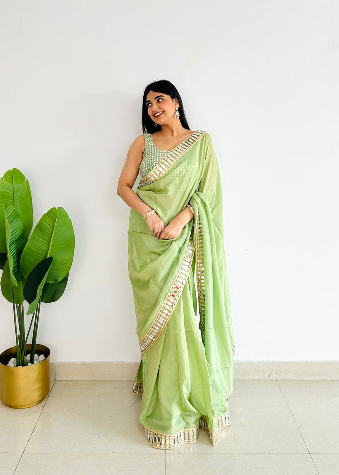 Dhiyona HH Mint Green Designer Mirror Work Pure Tissue Silk Saree | Special Edition