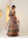Dhiyona ST 2 Pc SET - Crayon Chevron Chiffon Skirt Saree with Pallu and Black Sequin Blouse