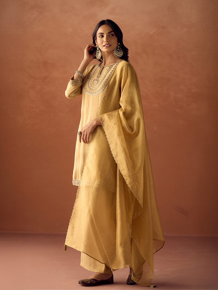 Dhiyona FL Women Mustard Yellow Tissue Blend Hand Embroidered Kurta Set with Dupatta