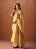 Dhiyona FL Women Mustard Yellow Tissue Blend Hand Embroidered Kurta Set with Dupatta