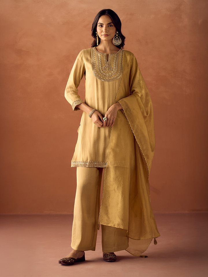 Dhiyona FL Women Mustard Yellow Tissue Blend Hand Embroidered Kurta Set with Dupatta