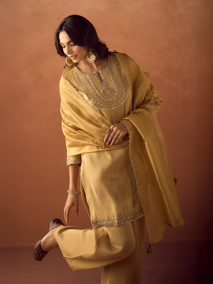Dhiyona FL Women Mustard Yellow Tissue Blend Hand Embroidered Kurta Set with Dupatta