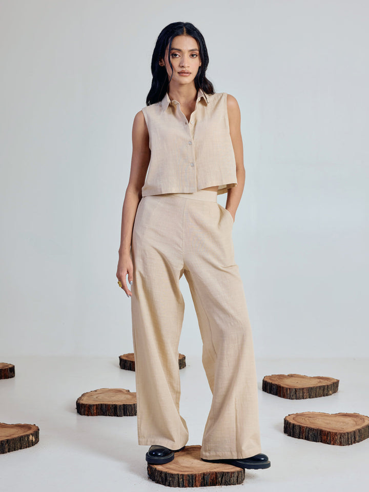 Dhiyona FL Women’s Beige Linen Blend Loose Relaxed Fit Co Ord Set