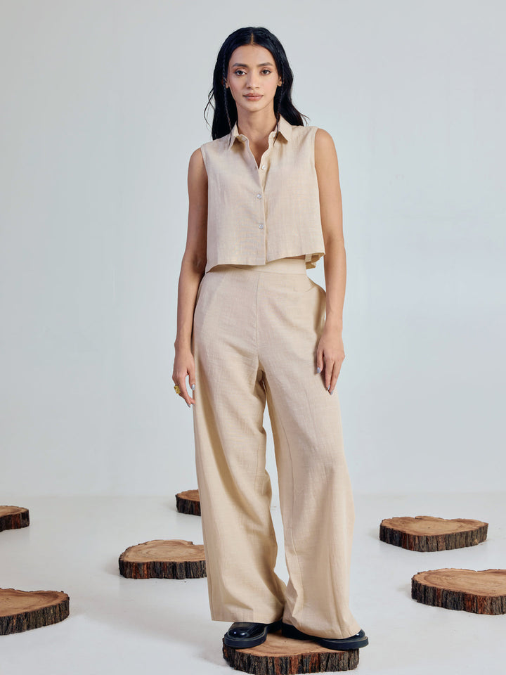 Dhiyona FL Women’s Beige Linen Blend Loose Relaxed Fit Co Ord Set