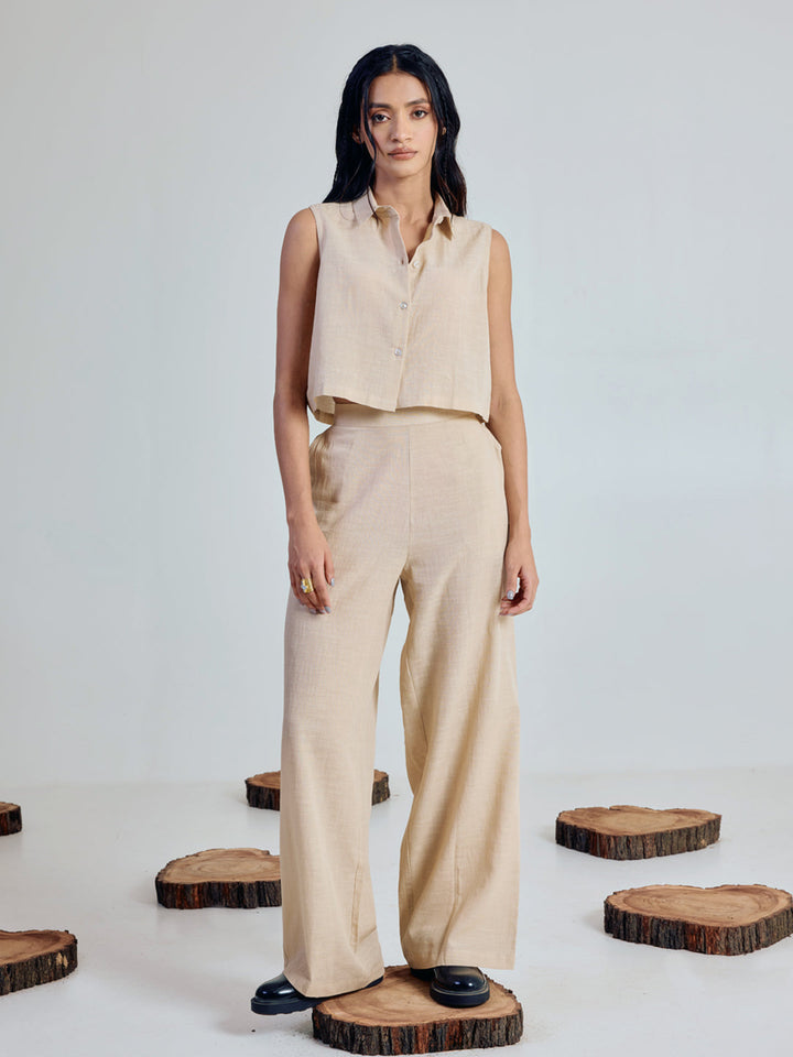 Dhiyona FL Women’s Beige Linen Blend Loose Relaxed Fit Co Ord Set
