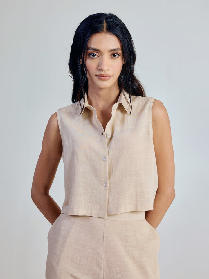 Dhiyona FL Women’s Beige Linen Blend Loose Relaxed Fit Co Ord Set