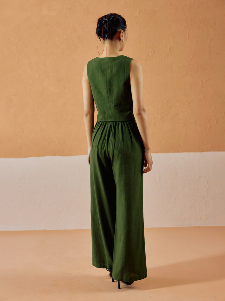 Dhiyona FL Women’s Green Linen Blend Sleeveless V Neck Relaxed Fit Co Ord Set
