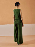 Dhiyona FL Women’s Green Linen Blend Sleeveless V Neck Relaxed Fit Co Ord Set