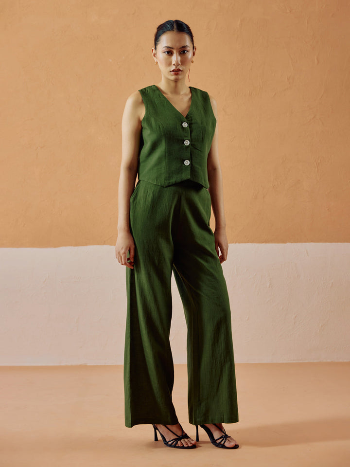 Dhiyona FL Women’s Green Linen Blend Sleeveless V Neck Relaxed Fit Co Ord Set