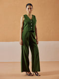 Dhiyona FL Women’s Green Linen Blend Sleeveless V Neck Relaxed Fit Co Ord Set