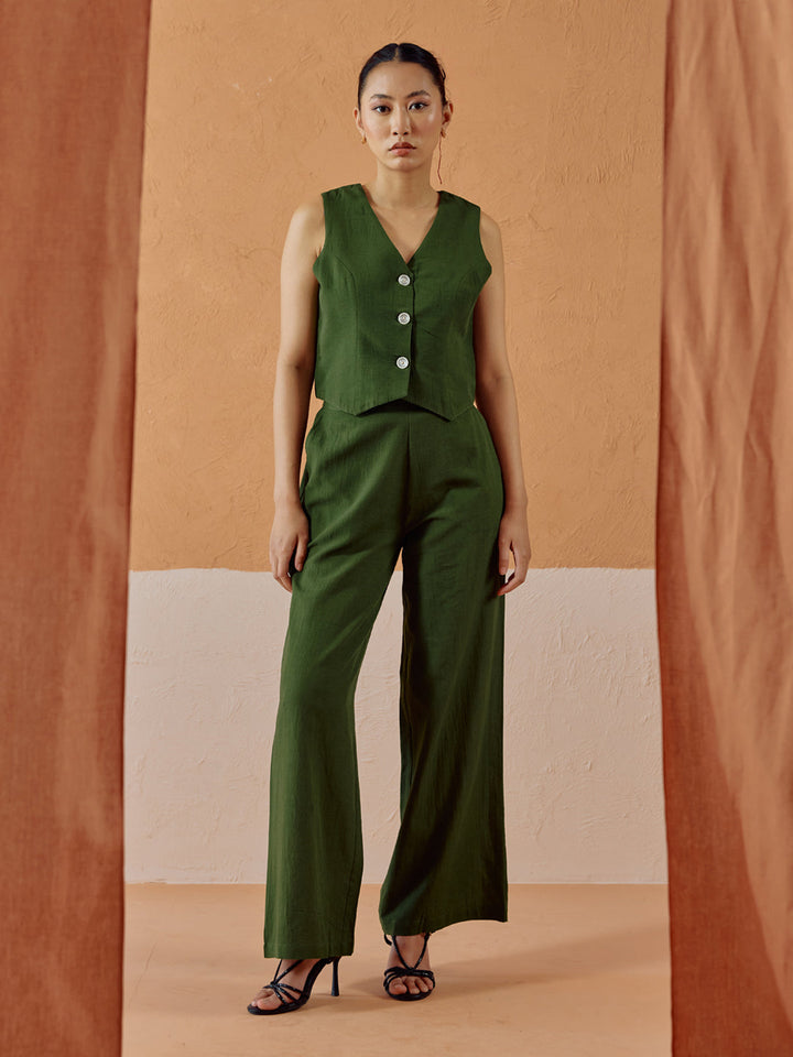 Dhiyona FL Women’s Green Linen Blend Sleeveless V Neck Relaxed Fit Co Ord Set
