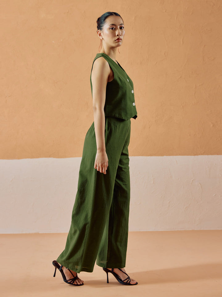 Dhiyona FL Women’s Green Linen Blend Sleeveless V Neck Relaxed Fit Co Ord Set