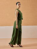 Dhiyona FL Women’s Green Linen Blend Sleeveless V Neck Relaxed Fit Co Ord Set