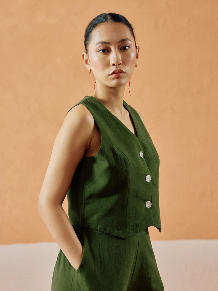 Dhiyona FL Women’s Green Linen Blend Sleeveless V Neck Relaxed Fit Co Ord Set