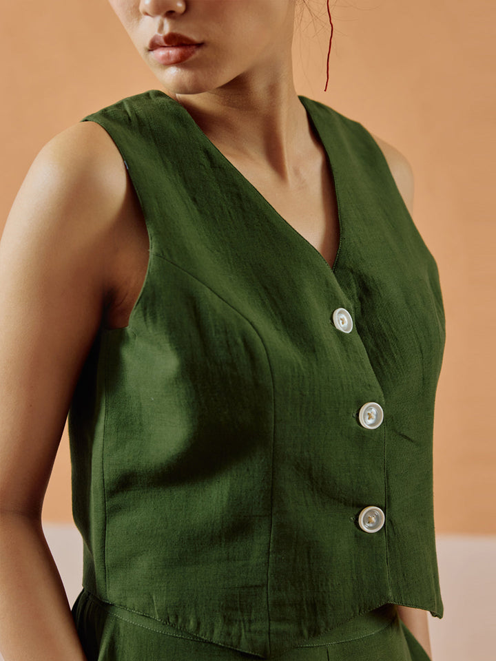 Dhiyona FL Women’s Green Linen Blend Sleeveless V Neck Relaxed Fit Co Ord Set