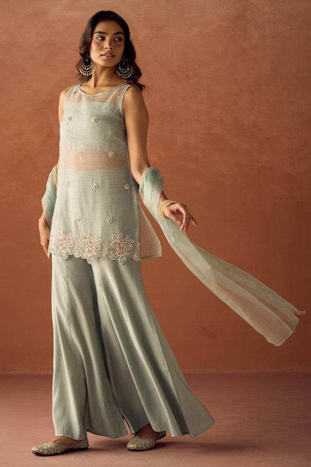 Dhiyona FL Women Sea Green Crush Organza Hand Work Straight Kurta Set with Dupatta
