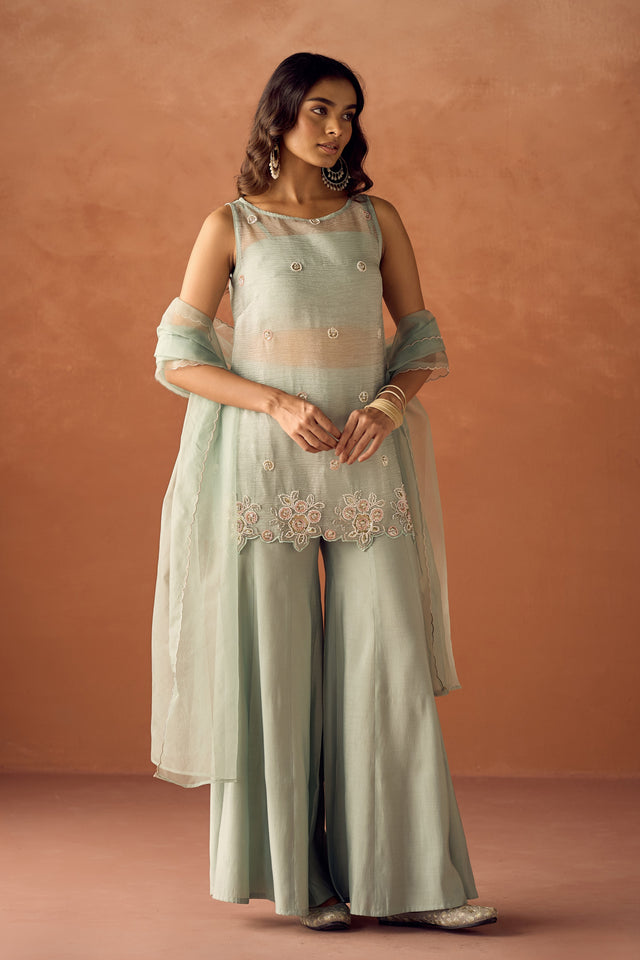 Dhiyona FL Women Sea Green Crush Organza Hand Work Straight Kurta Set with Dupatta