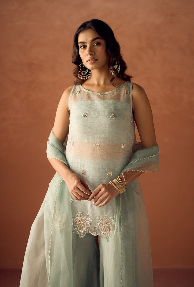Dhiyona FL Women Sea Green Crush Organza Hand Work Straight Kurta Set with Dupatta