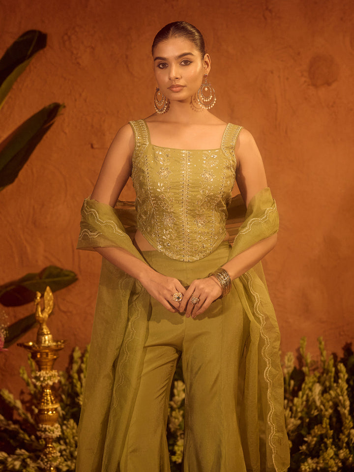 Dhiyona FL Women Olive Green Viscose Chanderi Embroidered Ethnic Top Palazzo Set with Dupatta