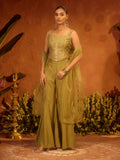 Dhiyona FL Women Olive Green Viscose Chanderi Embroidered Ethnic Top Palazzo Set with Dupatta