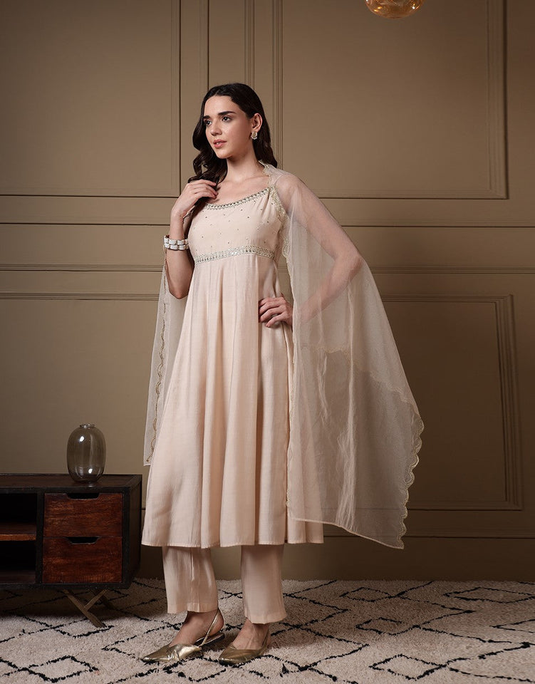 Dhiyona FL Women Off White Viscose Chanderi Embroidered A Line Kurta Set with Dupatta