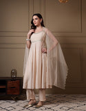 Dhiyona FL Women Off White Viscose Chanderi Embroidered A Line Kurta Set with Dupatta