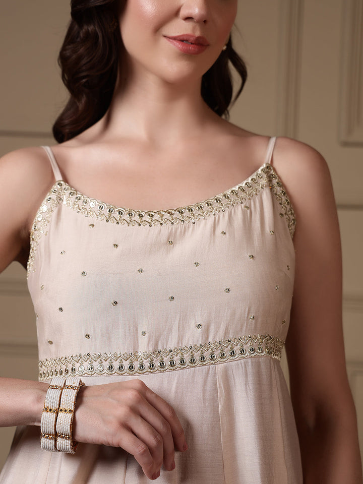 Dhiyona FL Women Off White Viscose Chanderi Embroidered A Line Kurta Set with Dupatta