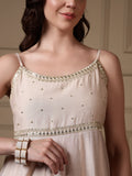 Dhiyona FL Women Off White Viscose Chanderi Embroidered A Line Kurta Set with Dupatta