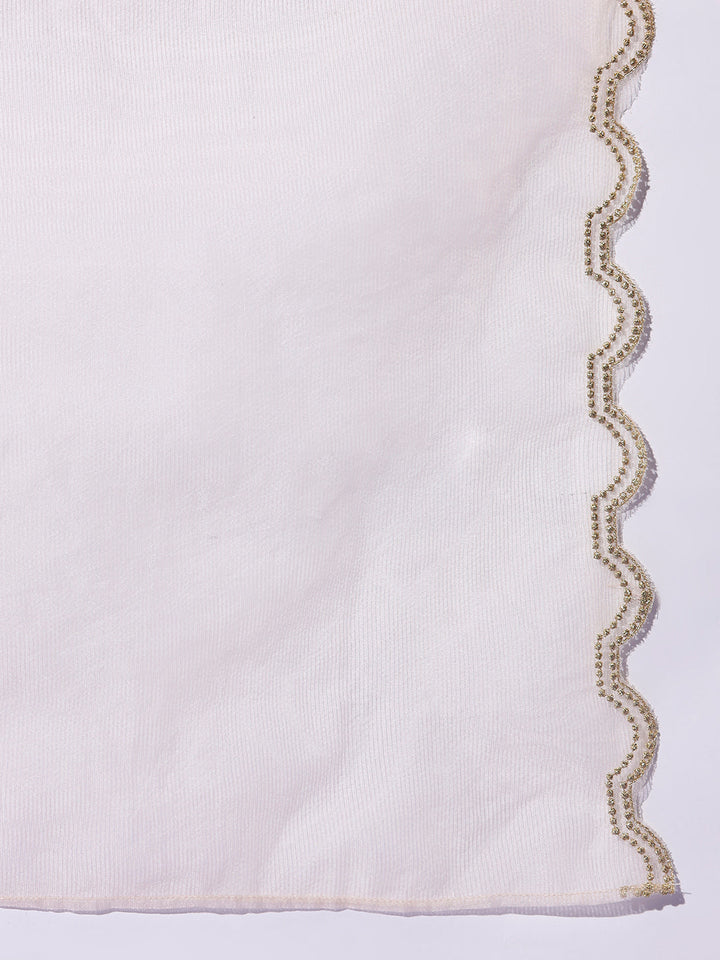 Dhiyona FL Women Off White Viscose Chanderi Embroidered A Line Kurta Set with Dupatta