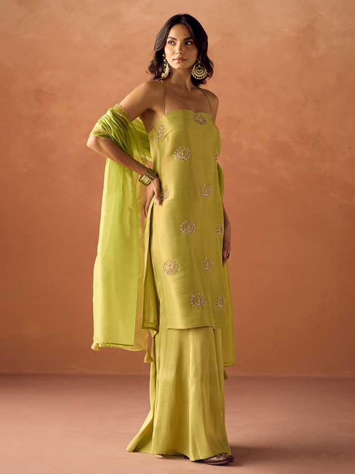 Dhiyona FL Women Lime Green Tissue Blend Hand Embellished Kurta Set with Dupatta