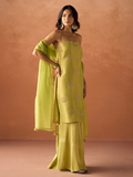 Dhiyona FL Women Lime Green Tissue Blend Hand Embellished Kurta Set with Dupatta