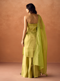 Dhiyona FL Women Lime Green Tissue Blend Hand Embellished Kurta Set with Dupatta
