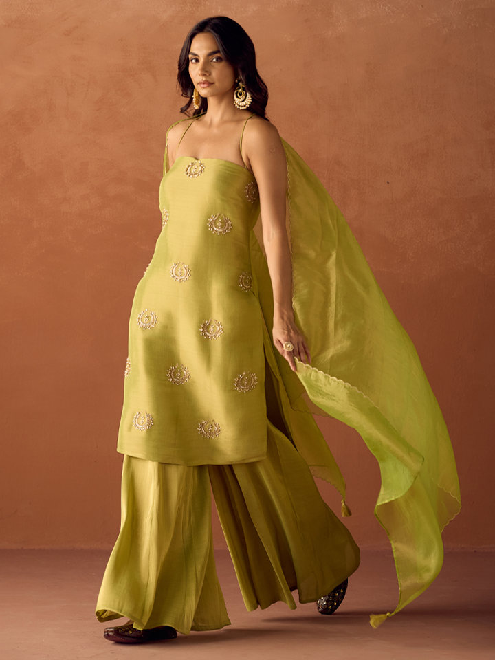 Dhiyona FL Women Lime Green Tissue Blend Hand Embellished Kurta Set with Dupatta