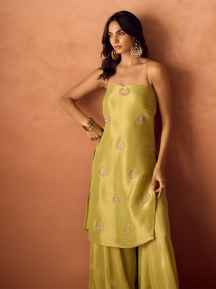 Dhiyona FL Women Lime Green Tissue Blend Hand Embellished Kurta Set with Dupatta