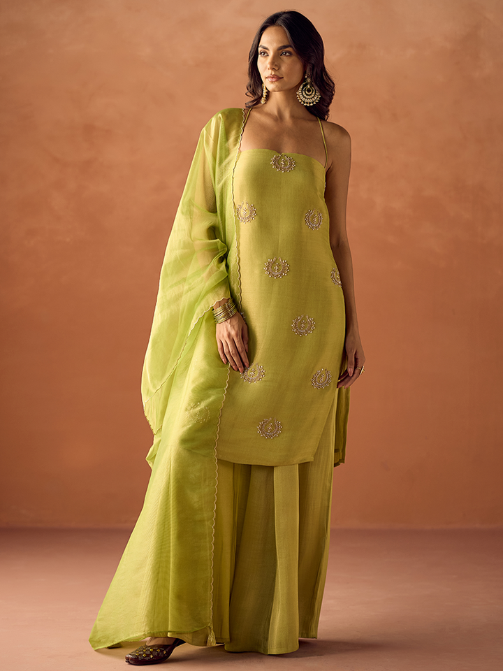 Dhiyona FL Women Lime Green Tissue Blend Hand Embellished Kurta Set with Dupatta