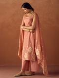 Dhiyona FL Women Peach Cotton Blend Jacquard Woven Kurta Set with Dupatta