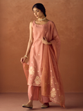 Dhiyona FL Women Peach Cotton Blend Jacquard Woven Kurta Set with Dupatta