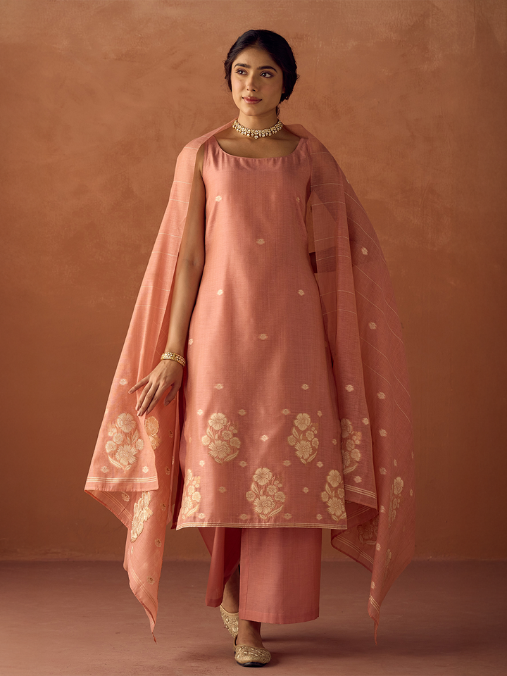 Dhiyona FL Women Peach Cotton Blend Jacquard Woven Kurta Set with Dupatta