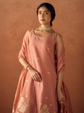 Dhiyona FL Women Peach Cotton Blend Jacquard Woven Kurta Set with Dupatta