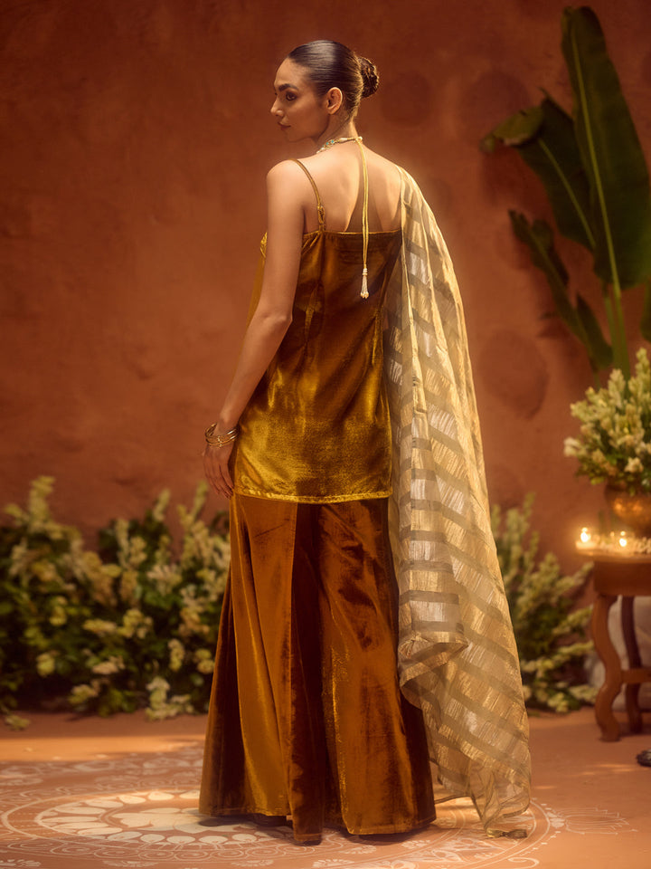 Dhiyona FL Women Ocher Yellow Ice Velvet Embroidered Kurta Set with Dupatta