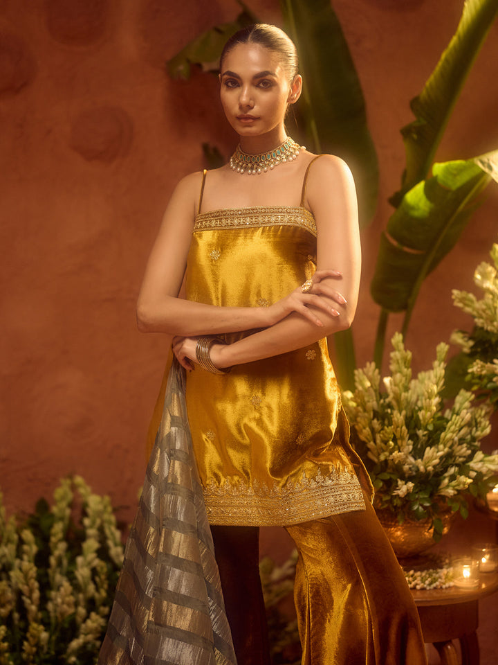 Dhiyona FL Women Ocher Yellow Ice Velvet Embroidered Kurta Set with Dupatta