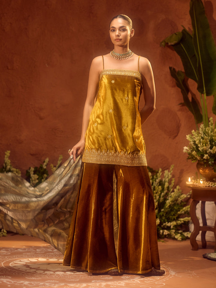 Dhiyona FL Women Ocher Yellow Ice Velvet Embroidered Kurta Set with Dupatta